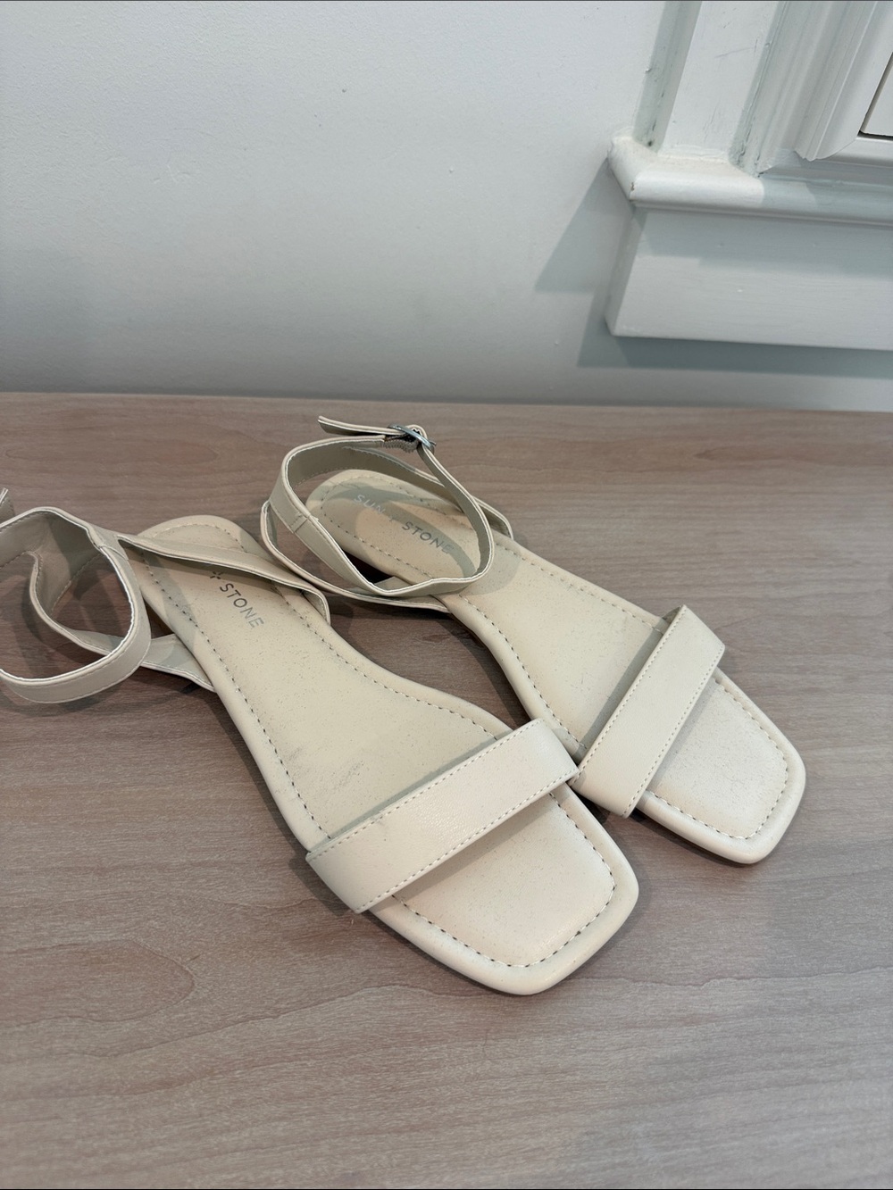 Cream Ankle-Strap Square-Toe Sandals
